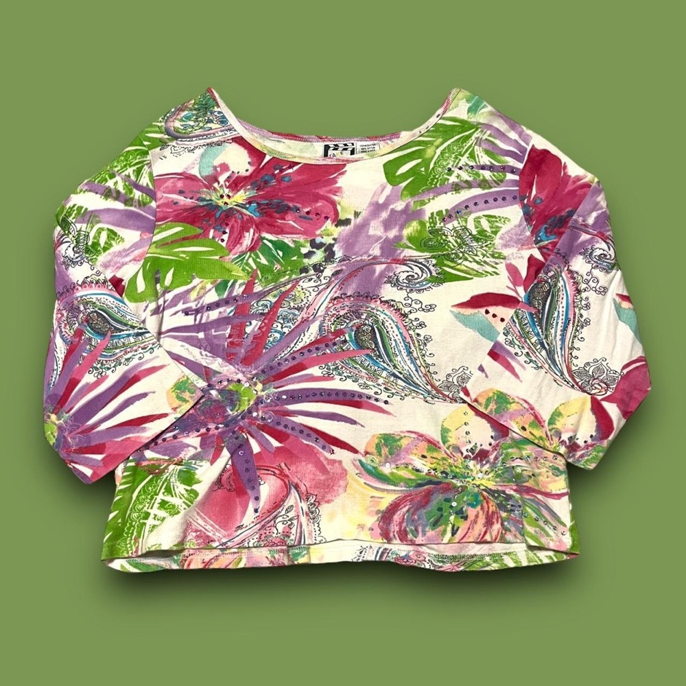 Y2K Paisley Floral Sequin Graphic Top Take Two Size XL Eclectic Fairycore